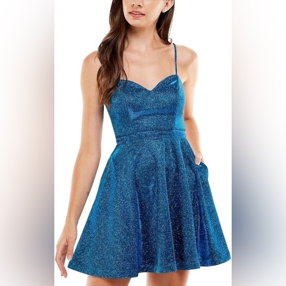 City Studio Dresses & Skirts - CITY STUDIO Juniors Metallic Mini Fit & Flare Dress Cut Out Back Turquoise 9